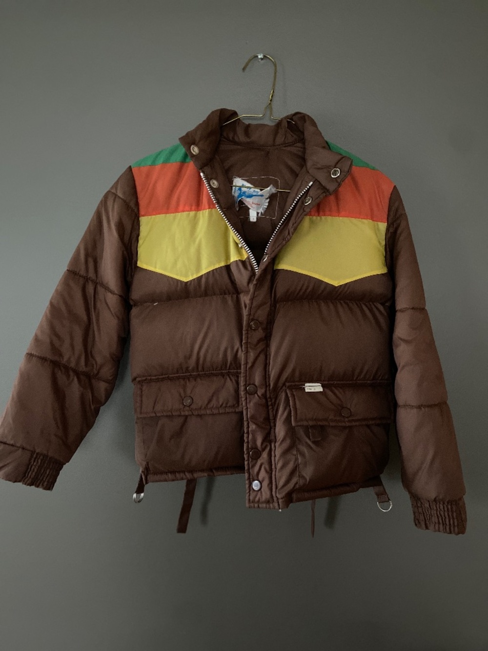 Vintage 70s/80s Blue Goose Down Puffer Brown with Stripes Jacket - Kids, Small